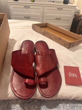 Free People Burgundy Leather Toe-Loop Slide Sandals